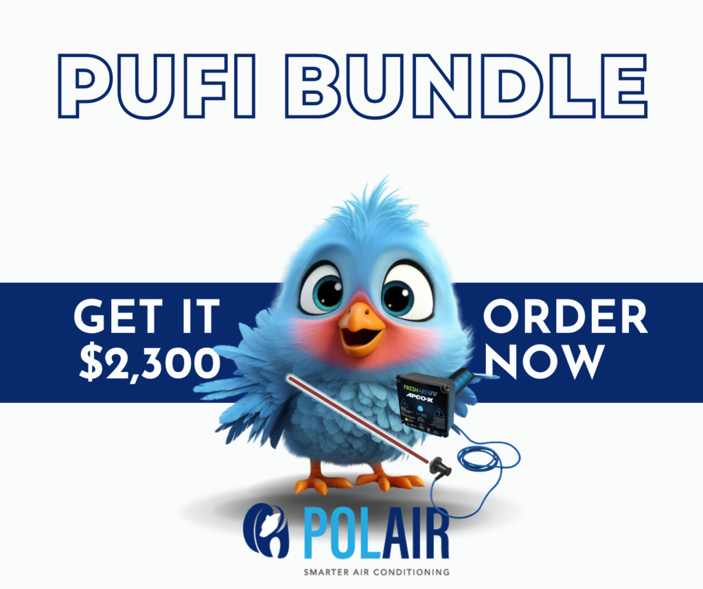 Cartoon PUFI bird announcing POLAIR's PUFI Bundle, featuring clean air solutions like UV lights, purifiers, and ionizers for $2,300.